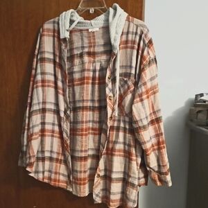 Maurices Rose /Red/Purple Plaid Flannel Hooded Shirt